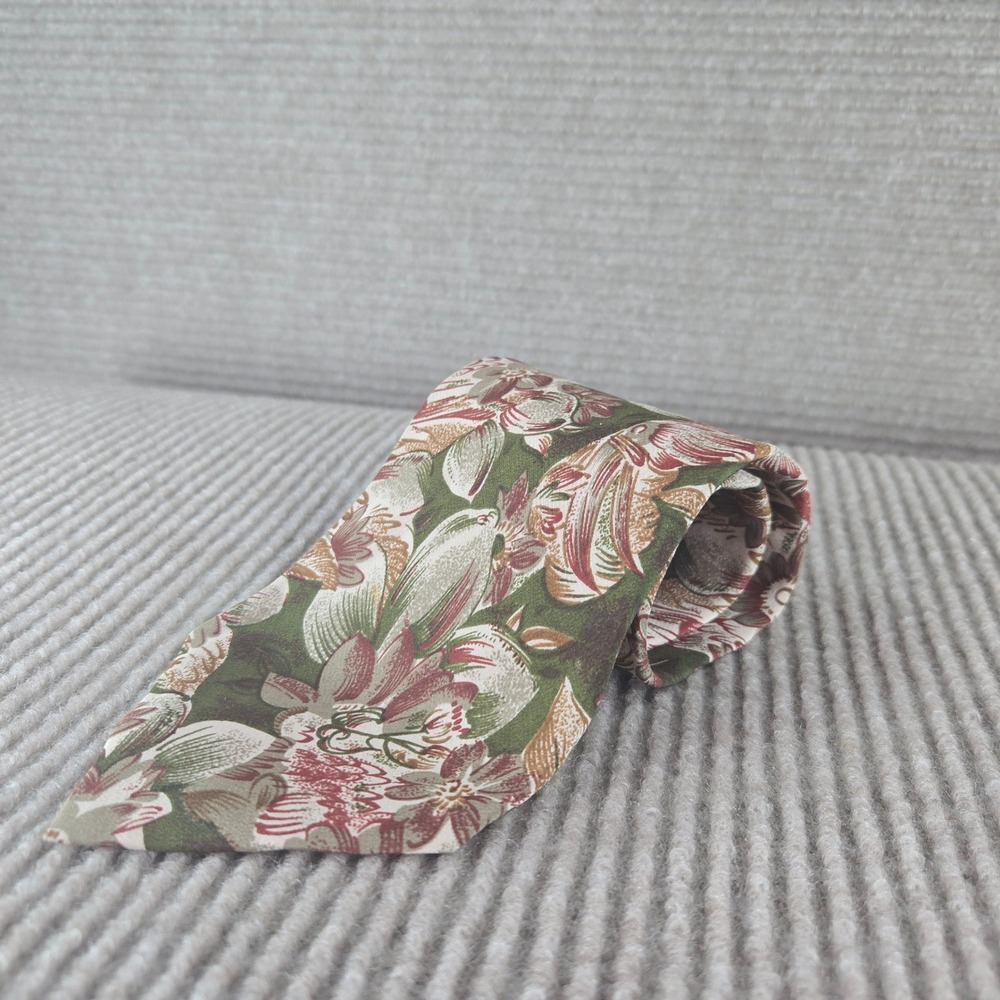 Geoffrey Beene Mens Green Burgundy Floral Silk Necktie